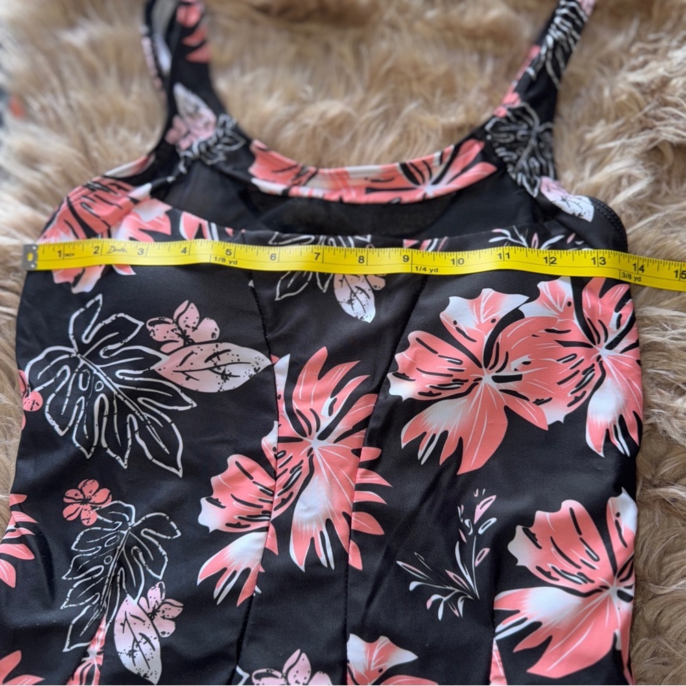 One Piece Swimsuit Slimming Skirted Bathing Suit, Swimdress, Black & Tropical M​ - Picture 10 of 11